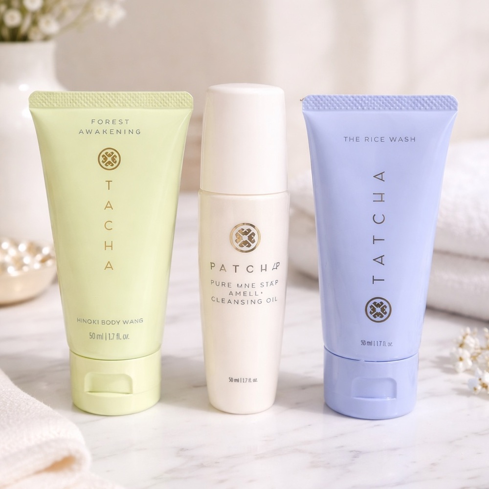 🌿 TATCHA Luxury Cleansing Trio – Hinoki Body Wash, Camellia Oil, Rice